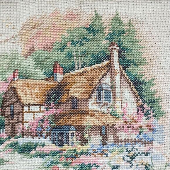 Sunset Design Cottage Enchantment Crosstitch Embroidery Wall Hanging ~11x14" - Picture 4 of 7